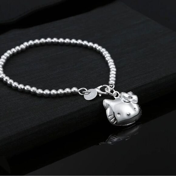 NWT Hello Kitty Locket Charm Bracelet S925 Sterling Silver Beaded Chain 7.5" - Picture 5 of 8